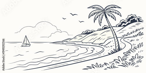 A serene beach scene with a sailboat and palm trees under a clear sky