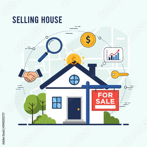 Illustration depicting the process of selling a house, featuring a home with a 'For Sale' sign, handshake, magnifying glass, money, and growth chart.
