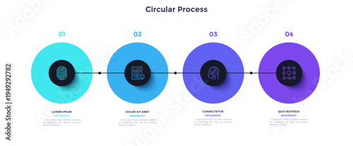Process chart with four connected colorful circles placed in horizontal row. Concept of 4 stages of startup development. Modern infographic design template. Flat vector illustration for report.
