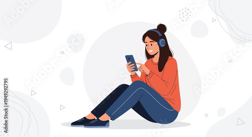 Young woman listening to music on headphones and using smartphone, sitting on floor