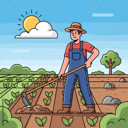 A happy farmer in a straw hat and blue overalls cultivates a field of young green plants with a hoe under a bright sunny sky.
