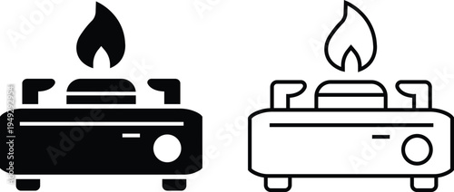 Gas stove black flat and line icons set. Minimal vectors symbols for cooking, burner, fire, flame, kitchen appliance, camping equipment, energy and household use isolated on transparent background.
