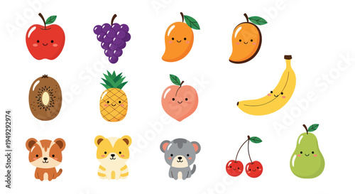 Cartoon fruits and smiling animals