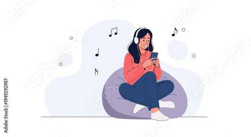Young Woman Listening to Music on Headphones with Smartphone, Sitting on Beanbag