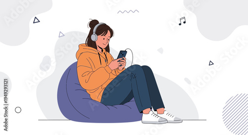Young Woman Listening to Music on Phone with Headphones, Relaxing on Bean Bag Chair