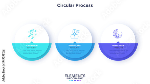Process chart with three paper white circles placed in horizontal row. Concept of 3 stages of startup development. Modern infographic design template. Flat vector illustration for report.