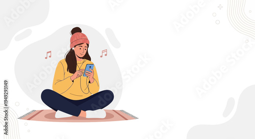 Young woman listening to music on phone, wearing headphones and beanie, sitting cross-legged