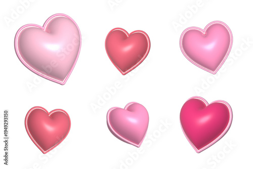 3Dレンダリングによるピンク色のぷっくりしたハートのセット バリエーション豊かな質感と形状の可愛いアイコンイラスト バレンタインや母の日 結婚式の装飾素材 透過背景対応 リアルな光沢とソフトな陰影のグラフィック