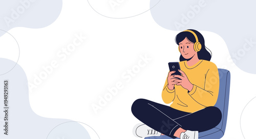 Young Woman Listening to Music on Phone with Headphones, Relaxing on Chair