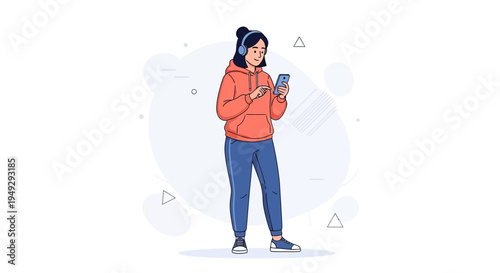 Young Woman Listening to Music on Smartphone with Headphones, Casual Style