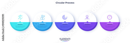 Process chart with five paper white circles placed in horizontal row. Concept of 5 stages of startup development. Modern infographic design template. Flat vector illustration for report.