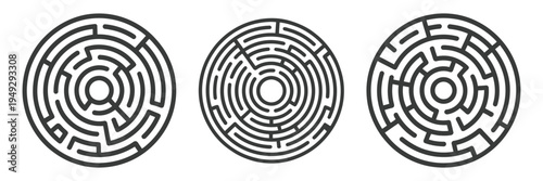 Black circle vector mazes isolated on white background, labyrinth symbols with one and three entrances, circular puzzle icon design, clean vector illustration.