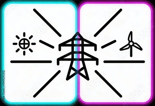 Conceptual illustration of sustainable energy with solar power and wind energy symbols radiating from a central electric tower representing the future of power generation and environmental