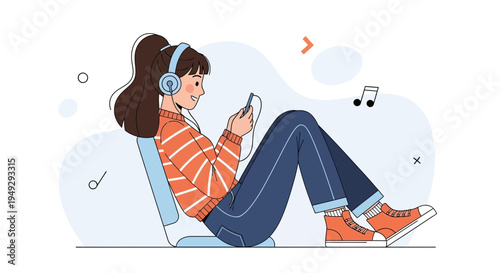 Young Woman Listening to Music with Headphones and Smartphone, Relaxing at Home