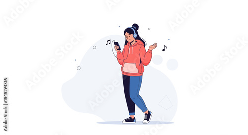 Young Woman Listening to Music with Headphones and Smartphone, Dancing