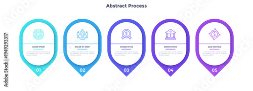 Five numbered circular frames placed in horizontal row. Concept of 5 stages of marketing strategy. Modern flat infographic design template. Simple vector illustration for business presentation.