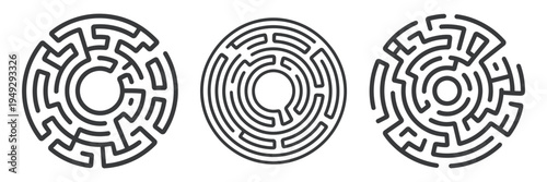 Black circle vector mazes isolated on white background, labyrinth symbols with one and three entrances, circular puzzle icon design, clean vector illustration.
