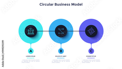 Process chart with three connected blak circles placed in horizontal row. Concept of 3 stages of startup development. Modern infographic design template. Flat vector illustration for report.