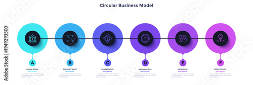 Process chart with six connected blak circles placed in horizontal row. Concept of 6 stages of startup development. Modern infographic design template. Flat vector illustration for report.