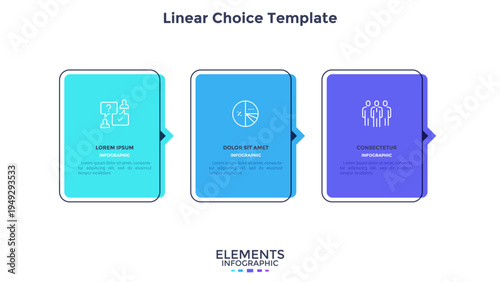 Three numbered rectangular frames with arrows placed in horizontal row. Concept of 3 stages of marketing strategy. Modern flat infographic design template. Vector illustration for business