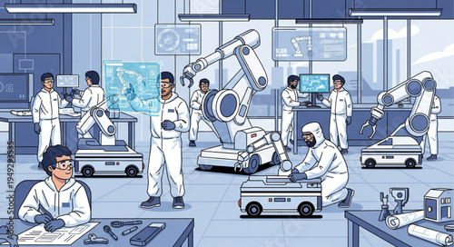 Modern Factory Automation with Robotic Arms and Workers.