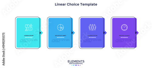Four numbered rectangular frames with arrows placed in horizontal row. Concept of 4 stages of marketing strategy. Modern flat infographic design template. Vector illustration for business presentation