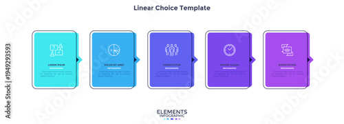 Five numbered rectangular frames with arrows placed in horizontal row. Concept of 5 stages of marketing strategy. Modern flat infographic design template. Vector illustration for business presentation