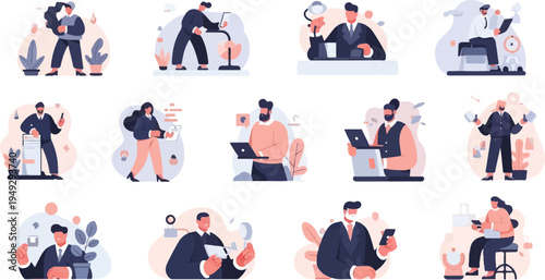 Diverse business people engage in various office tasks, working and interacting