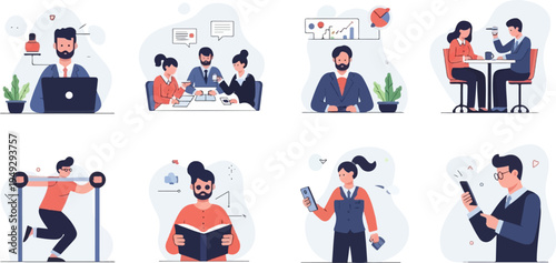 Diverse business people engage in work and leisure activities