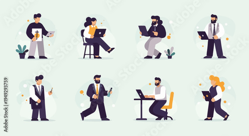 Diverse business people engage with technology and tasks indoors