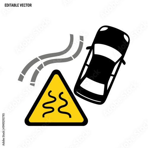 Slippery Road Sign Warning Car Skidding Danger Hazard Traffic Safety Concept