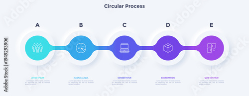 Five circular elements placed in horizontal row. Concept of 5 steps to startup project launch. Neumorphic infographic design template. Modern flat vector illustration for business presentation.