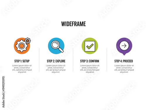 Four Step Process Wideframe Infographic Icons.