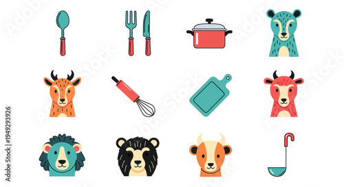 Cartoon kitchen utensils and animal faces