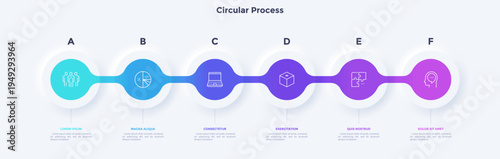 Six circular elements placed in horizontal row. Concept of 6 steps to startup project launch. Neumorphic infographic design template. Modern flat vector illustration for business presentation.