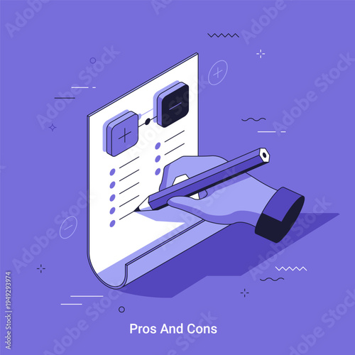 Isometric vector illustration with human hand writing on checklist for pros and cons analysis concept. Decision making process and evaluation of competitive advantage.