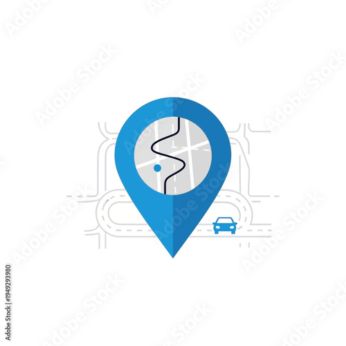 Blue map pin with route and car icon on abstract road map background