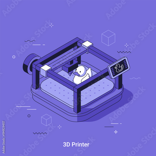 Isometric vector illustration with 3D printer creating a rubber duck toy on a purple background. Concept of additive manufacturing and rapid prototyping for engineering design.