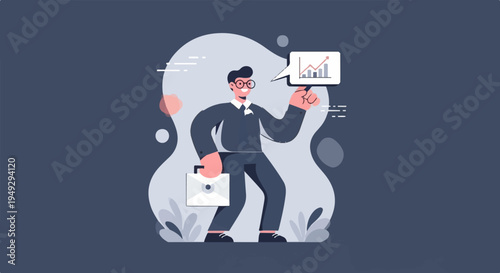 Confident businessman holds briefcase, pointing to upward trend chart