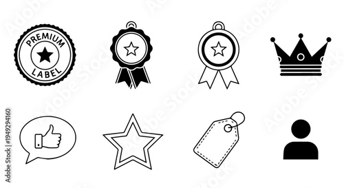 Versatile Collection of Vector Line Icons Symbolizing Quality, Achievement, and Essential User Interface Elements