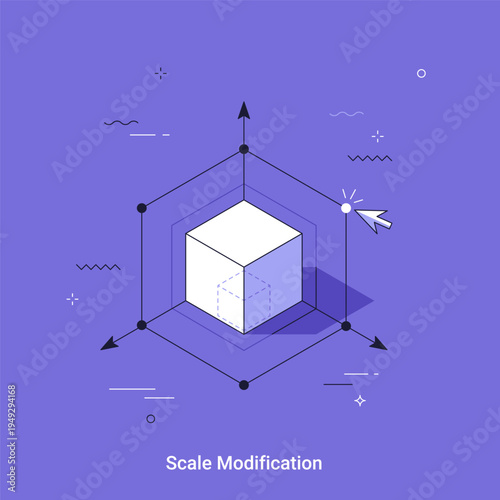 Isometric representation of scaling a cube within a three dimensional coordinate system. Business concept vector illustration in thin line style of growth and modification.