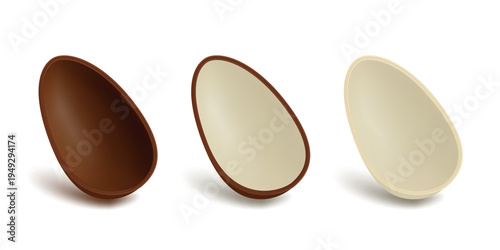Vector 3d Chocolate Egg Set with Cross Section. Dark Chocolate Shell and White Chocolate Egg. Sweet Easter Candy Design Template for Packaging, Holiday Design, Front View
