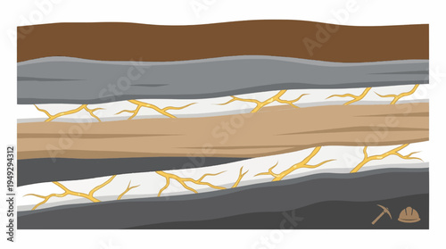 Underground Geological Layers with Gold Mineral Veins Cross Section