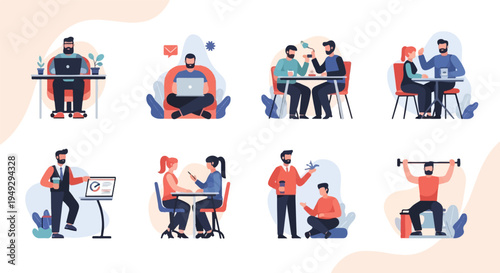 Collage of people engaged in diverse activities work, coffee, and fitness