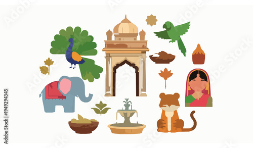 Indian Mughal festival vector illustration with cute peacock elephant tiger parrot arch and cultural icons