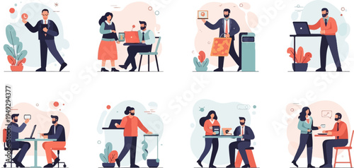 Colleagues collaborate and work together in various business settings