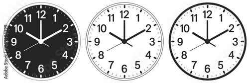 Black and white wall clock icons, modern round analog clock dials, simple time symbol graphics, elegant vector design for interior decor concepts.
