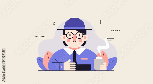Cheerful person in hat and glasses drinks hot beverage surrounded by abstract shapes