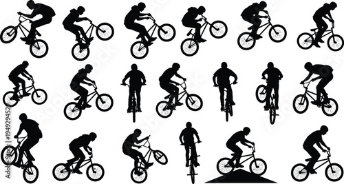 BMX rider silhouette tricks collection, freestyle bicycle stunt jumps and riding poses set, extreme cycling athlete silhouettes isolated for sports design