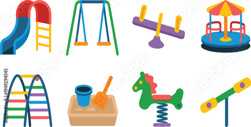 Colorful playground equipment icon set arranged in two rows featuring slides swings climbing frames and fun park elements